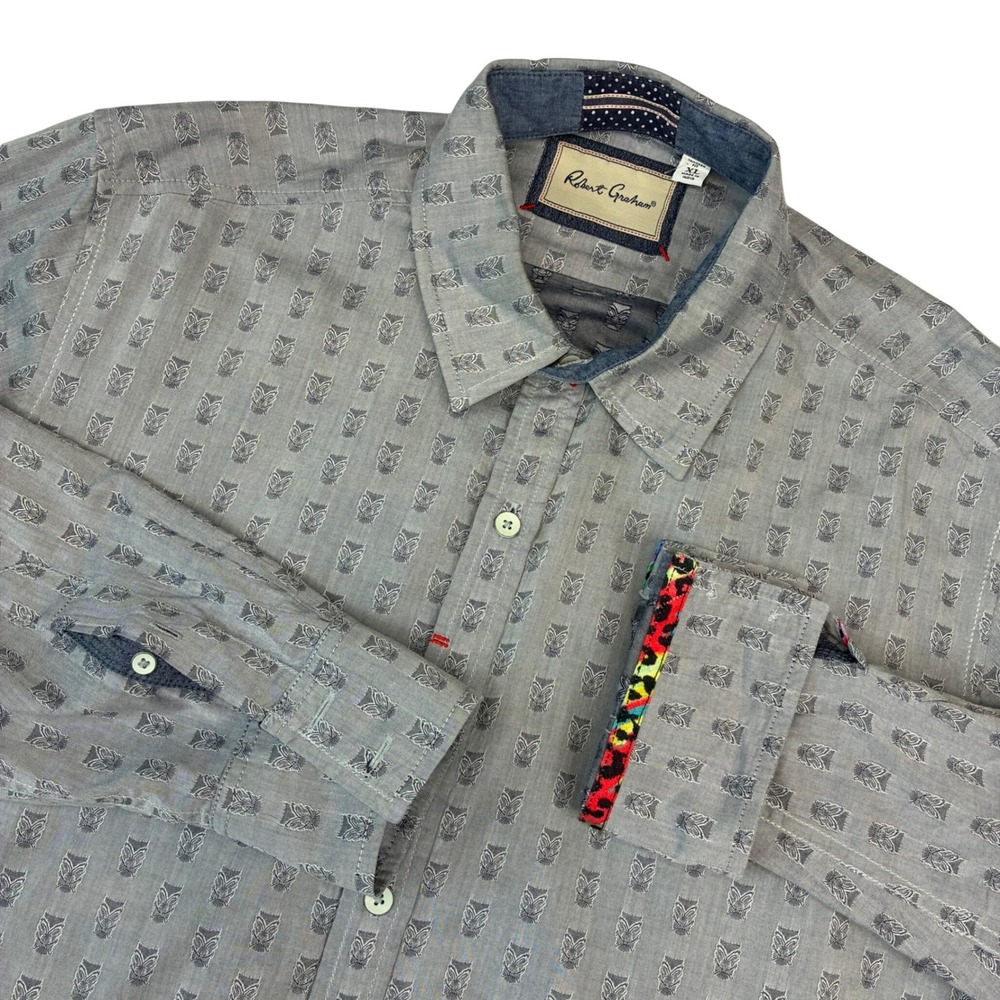 Robert Graham Shirt Mens XL Grey Tiki Mask Tailored Fit Cotton Button Down Long